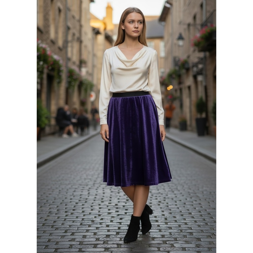 Bob‎ Mackie Purple Velvet Midi Skirt Elastic Waist A-Line Retro Bohemien Skirt